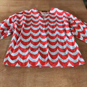 Marimekko Uniqlo Top Women L Orange Geometric Linen Cotton Boxy V Neck 17619